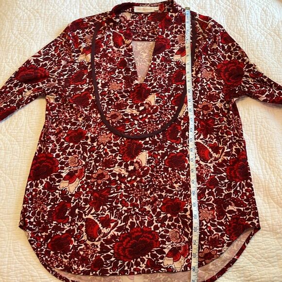 Tory Burch Floral Botanical Printed V Neck Peasant Top Small Red Spring Boho - Picture 8 of 10